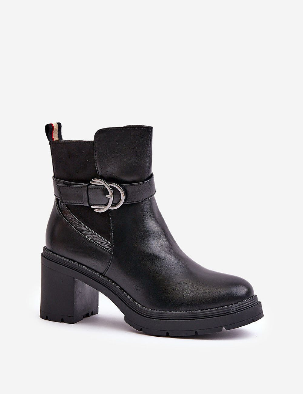 Velona Heeled Winter Boots in black eco leather with a rounded toe and gold buckle strap, featuring a sturdy post heel for stability.