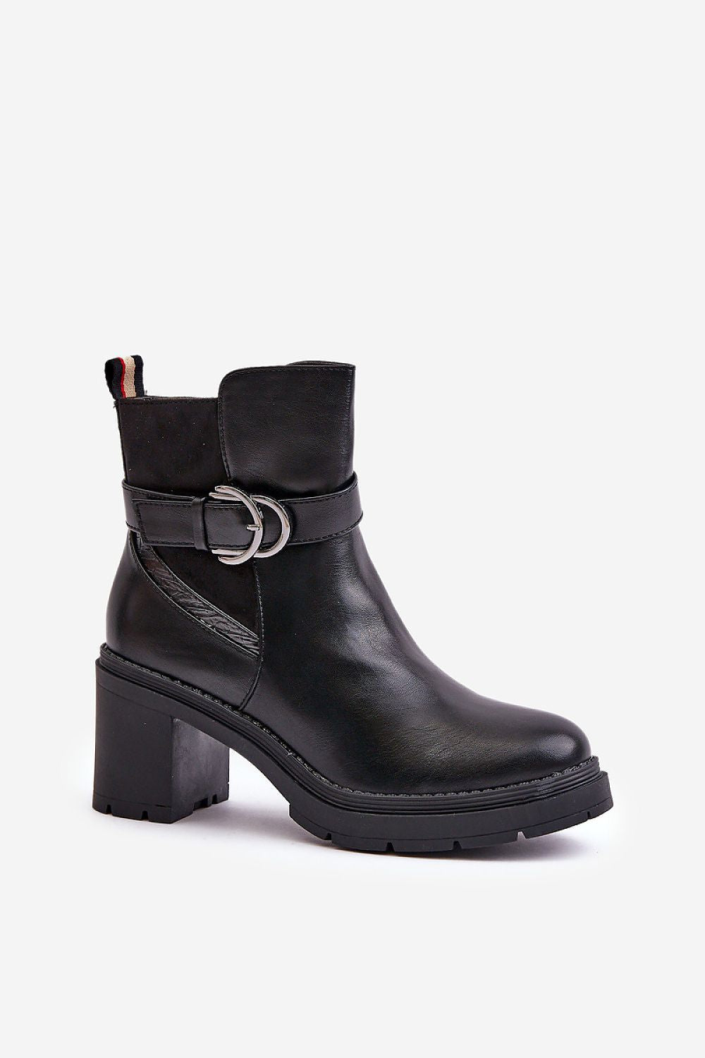 Velona Heeled Winter Boots in black eco leather with a rounded toe and gold buckle strap, featuring a sturdy post heel for stability.