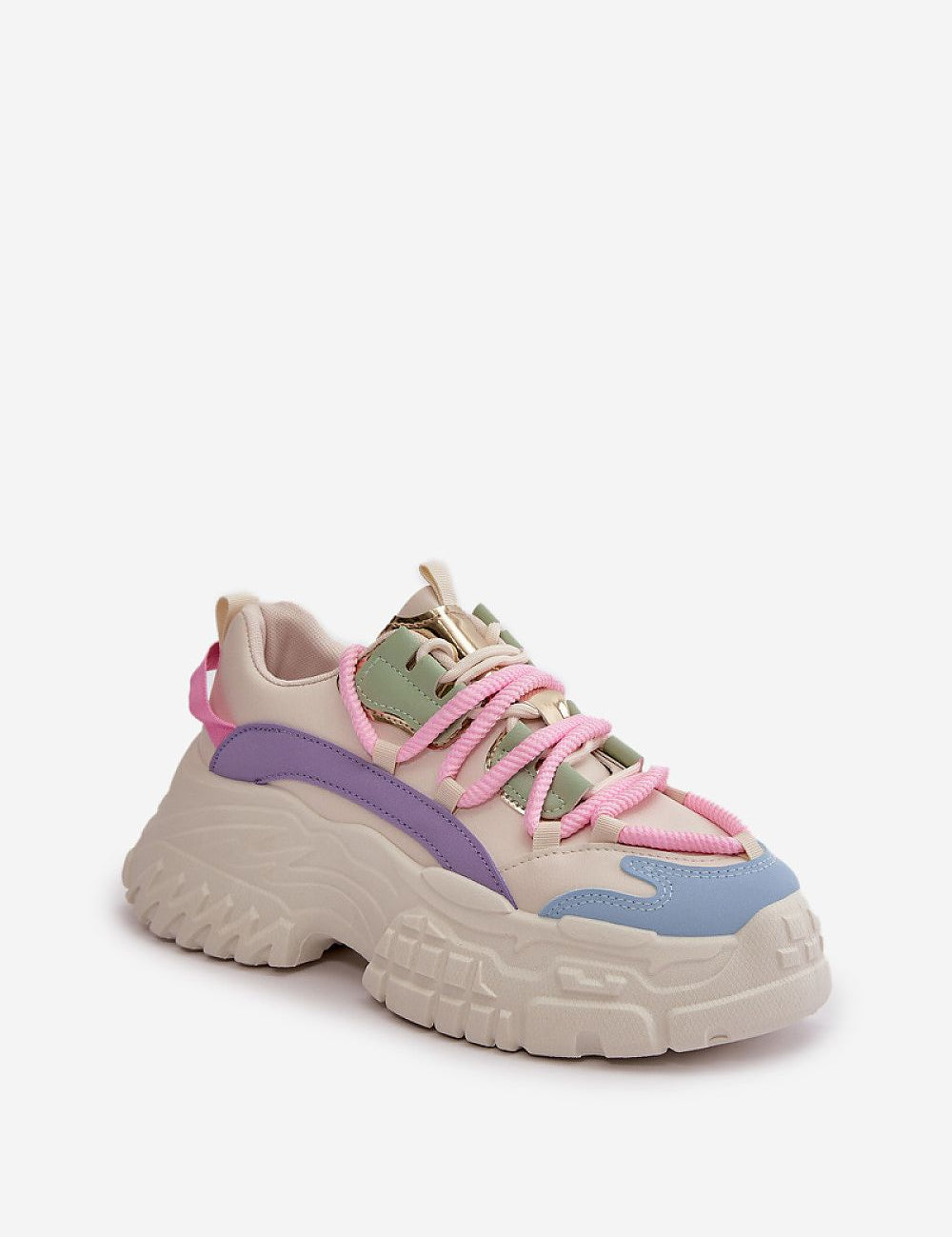 Varetta Chunky Lace-Up Sneakers with bold silhouette, thick platform, pink and green accents, for casual and urban style.