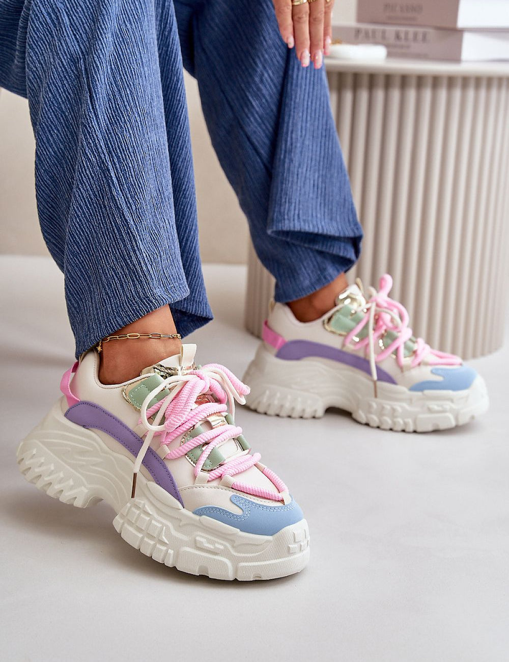 Varetta Chunky Lace-Up Sneakers in pastel colors with thick platform and double lacing, perfect for casual and urban walks.