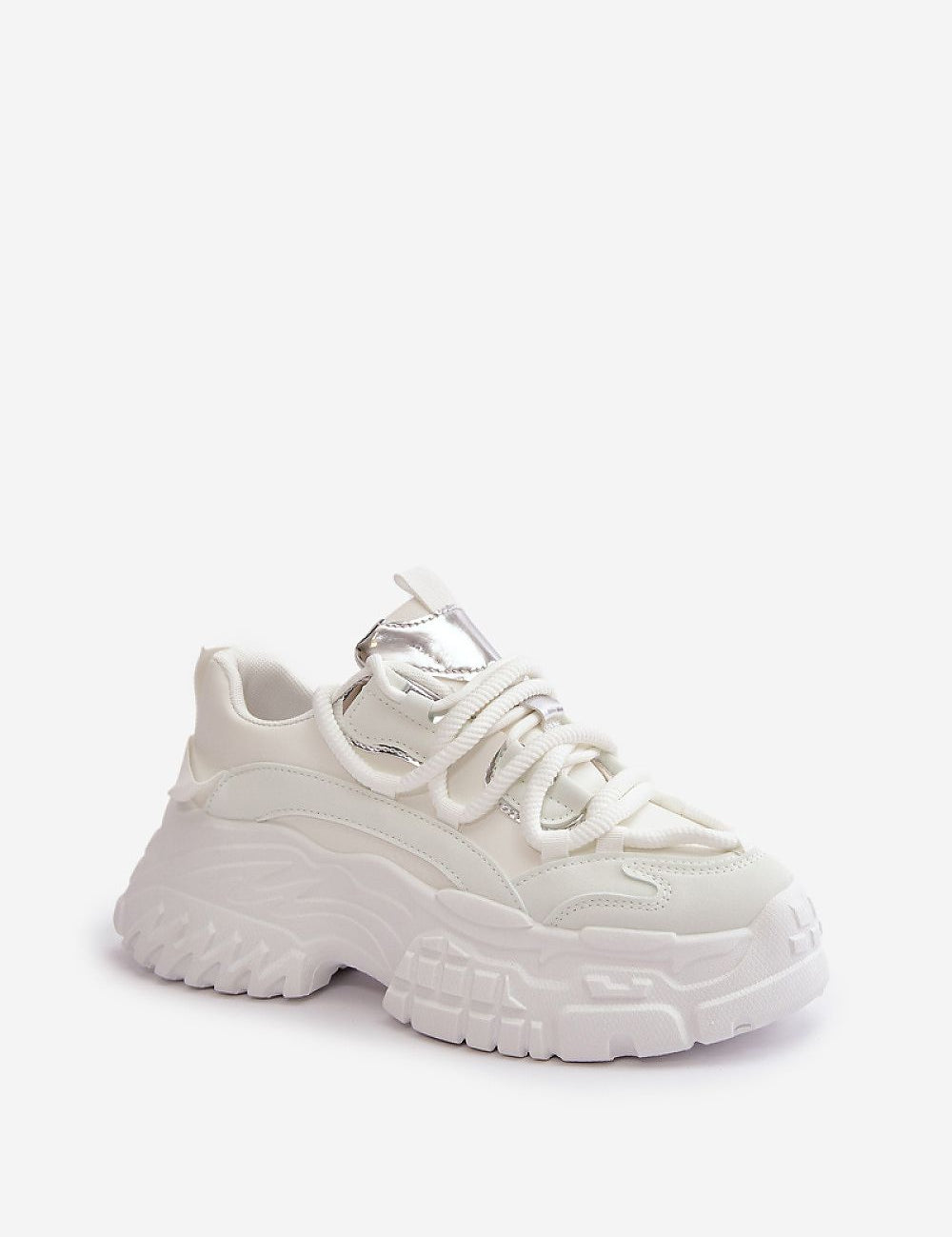 White chunky lace-up sneaker with thick platform and smooth artificial leather for stylish urban wear.