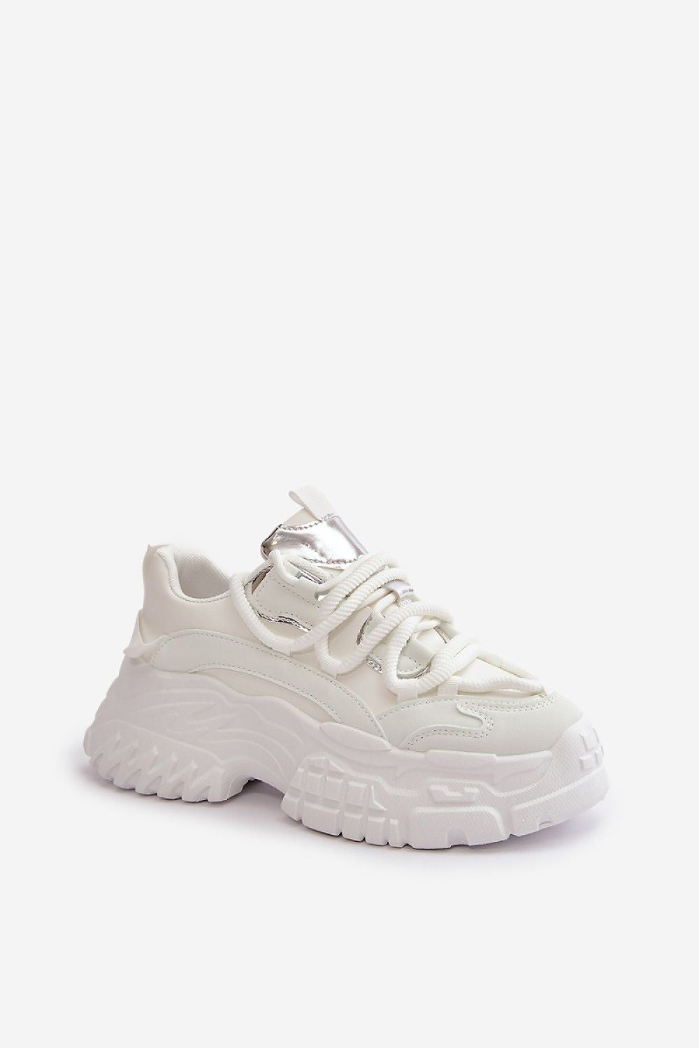 White chunky lace-up sneaker with thick platform and smooth artificial leather for stylish urban wear.