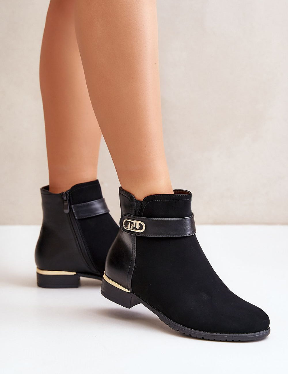 Mirellin Goldstrap Warm Flat Boots with decorative gold strap, black eco leather, flat heel, styled for versatile casual and dressed-up looks.