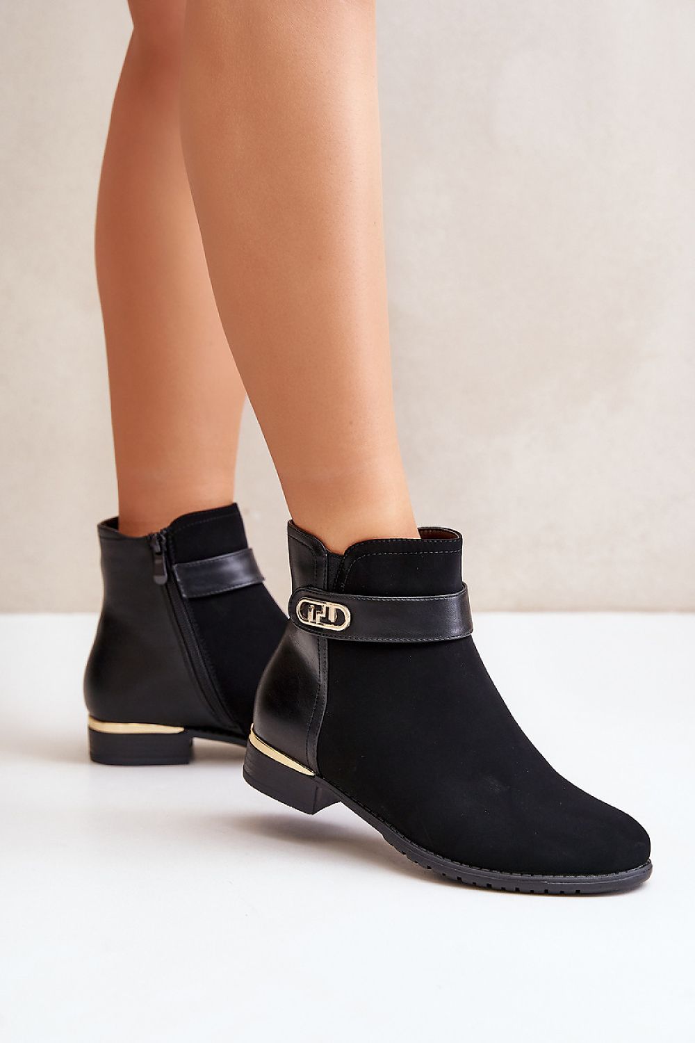 Mirellin Goldstrap Warm Flat Boots with decorative gold strap, black eco leather, flat heel, styled for versatile casual and dressed-up looks.