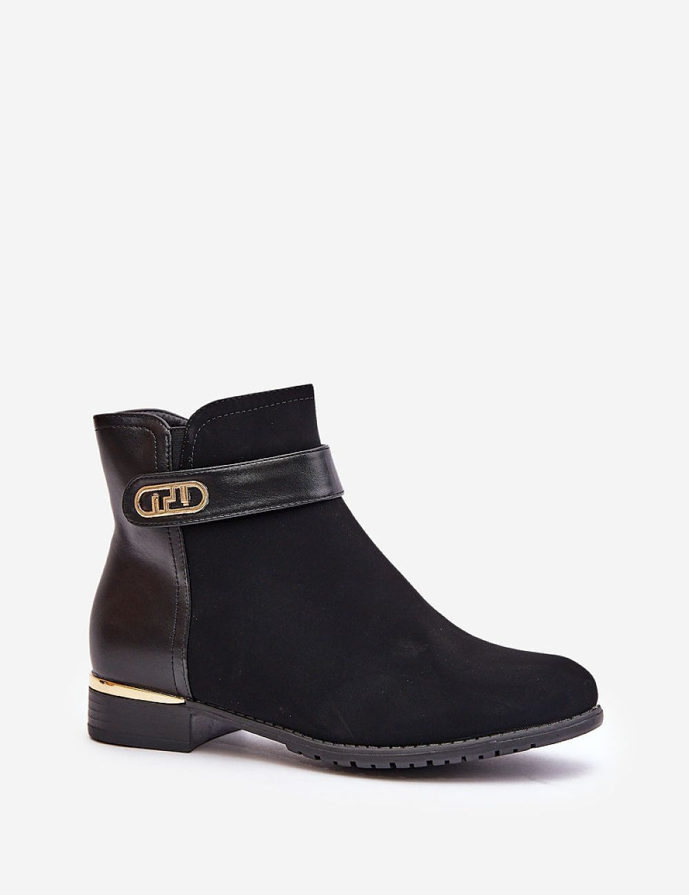 Mirellin Goldstrap warm flat boots with eco leather, gold decorative strap, and padded interior for comfort and style.