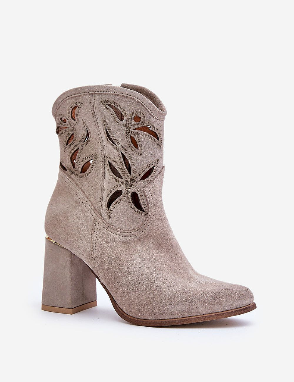 Lunavera Cutshade Suede Heel Boots with openwork upper, pointed toe, and high heel in natural suede for elegant day-to-night wear.