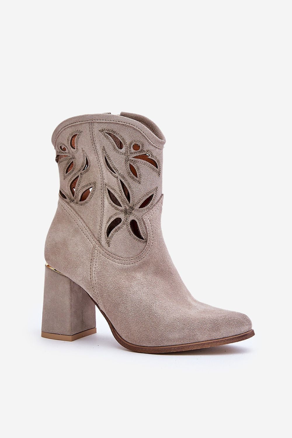 Lunavera Cutshade Suede Heel Boots with openwork upper, pointed toe, and high heel in natural suede for elegant day-to-night wear.