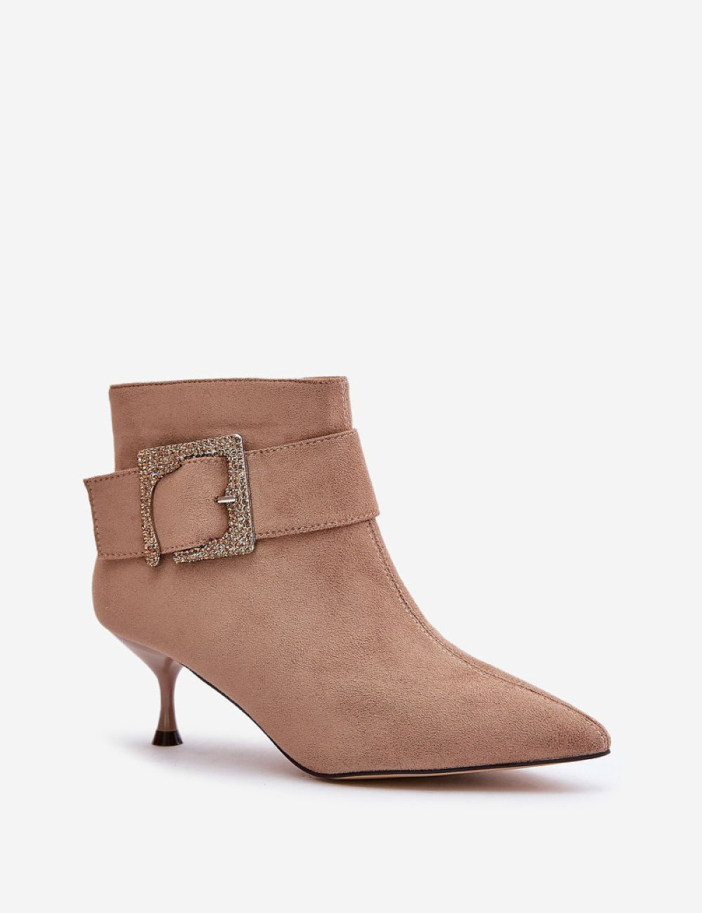 Velouryne Bucklash Suede Heel Boots with stiletto heel, pointed toe, and bold side buckle in soft eco suede. Perfect for elegant evenings.