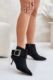 Velouryne Bucklash suede heel boots with large side buckle, pointed toe, and zipper closure for elegant style and comfort in black eco suede.