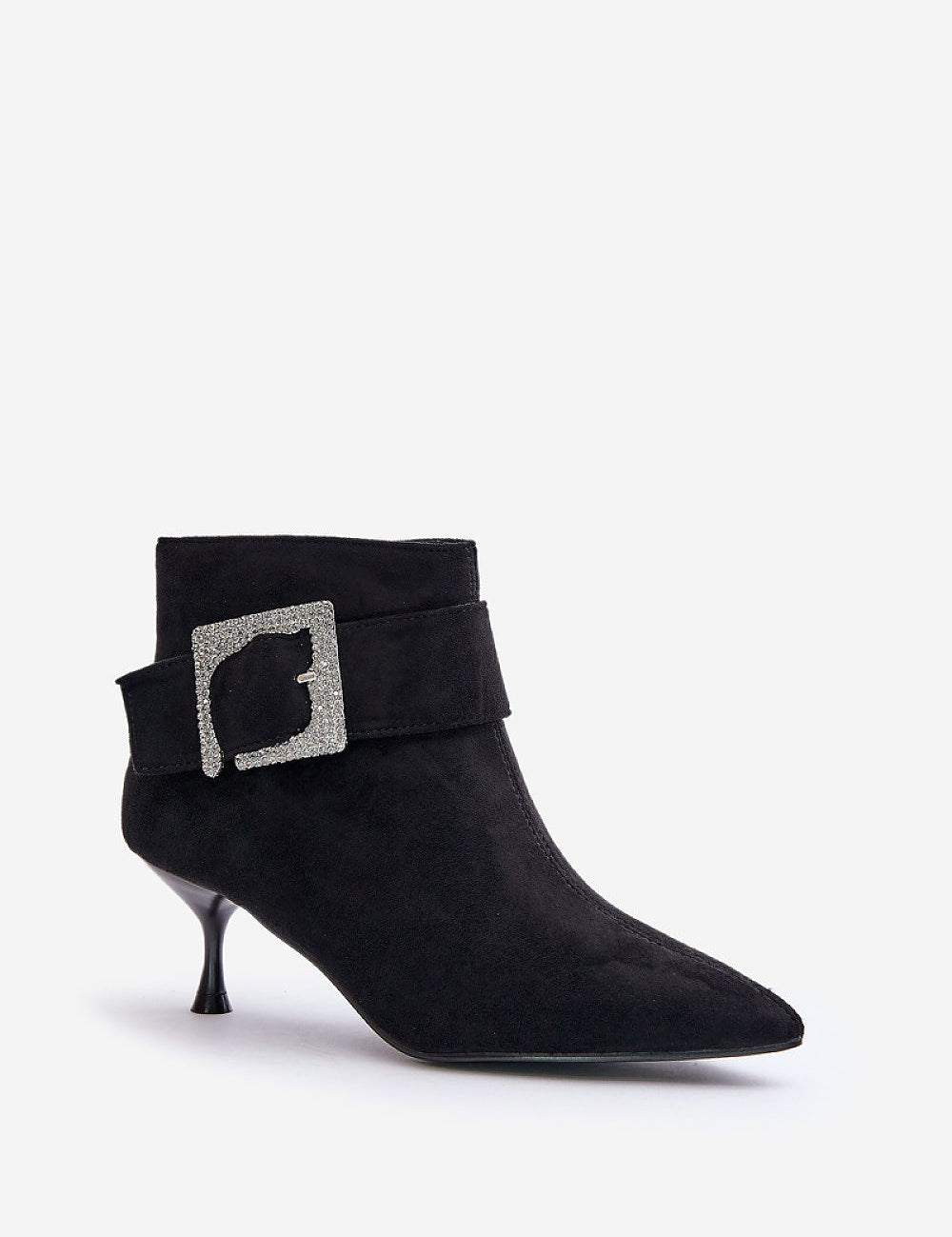 Velouryne Bucklash black suede heel boots with pointed toe and large buckle on side, perfect for elegant evenings or everyday wear.