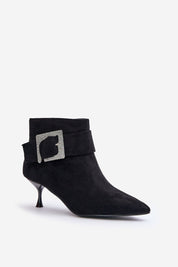 Velouryne Bucklash black suede heel boots with pointed toe and large buckle on side, perfect for elegant evenings or everyday wear.