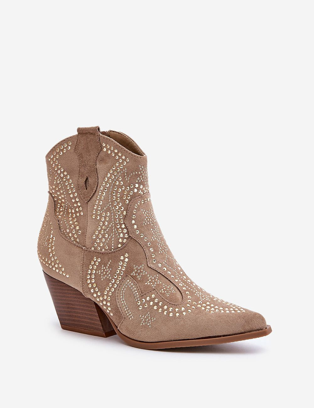 Solbrana Wildcrest eco-suede cowboy boots with block heel and artistic ornamentation, ideal for versatile and stylish outfits.