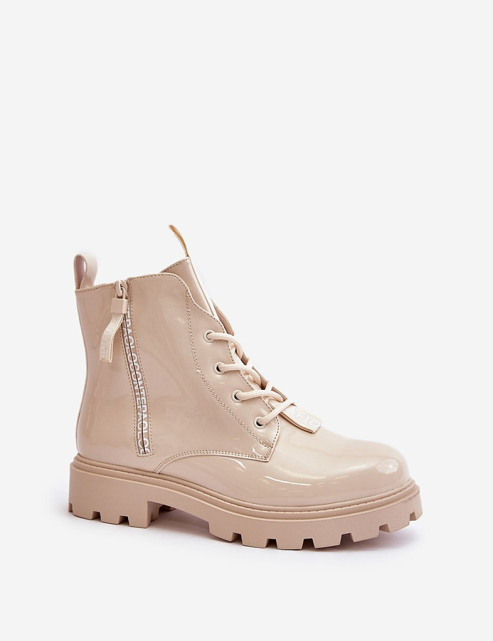 Zerenya Textline insulated eco leather lace-up boots with warm lining and side zipper in beige, featuring stylish inscriptions.