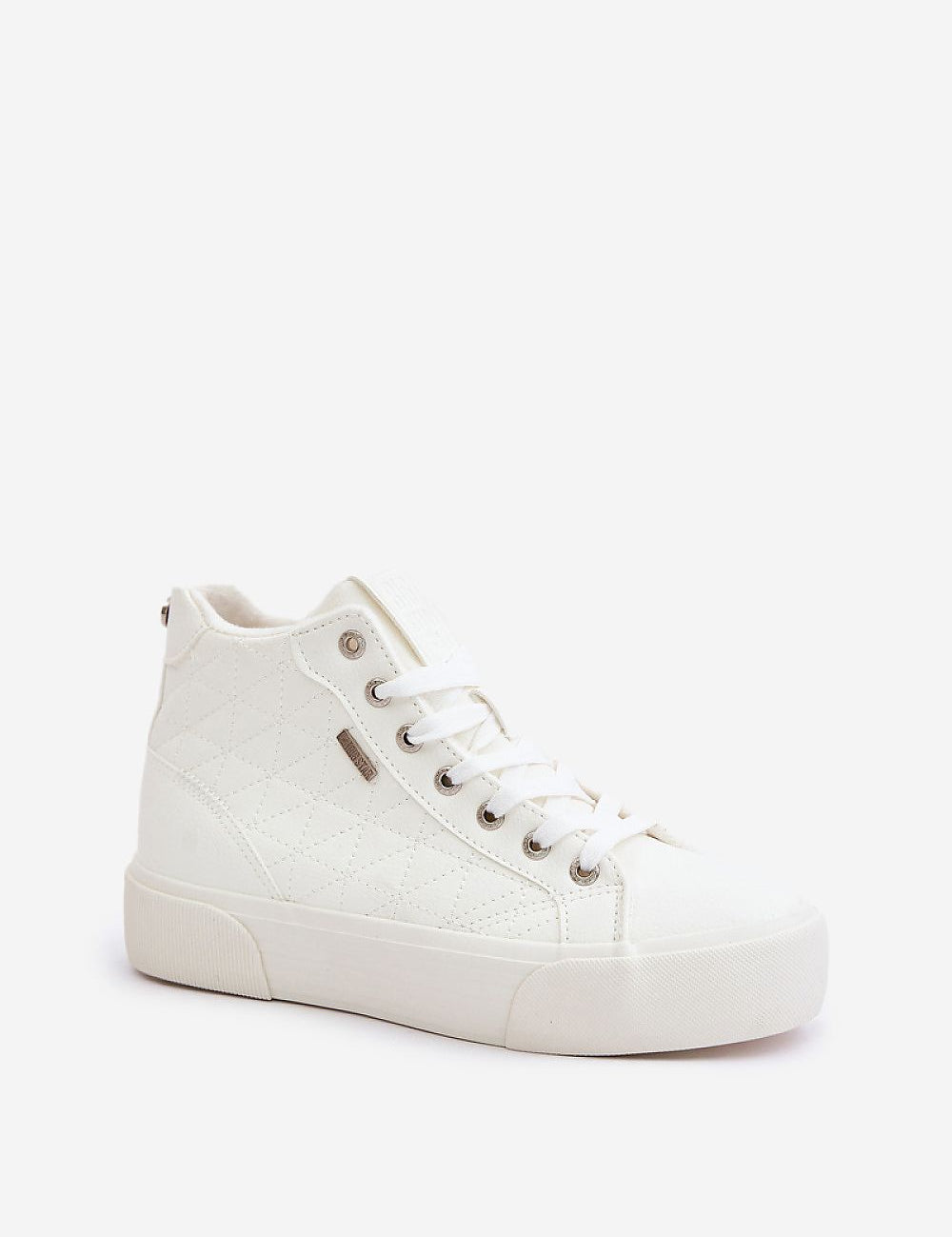 Elbrina Insulated Winter Sneakers in white artificial leather with decorative stitching, high-top design, and secure lacing.