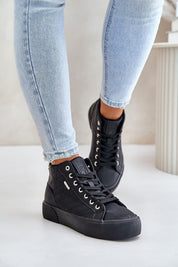 Elbrina Insulated Winter Sneakers in black artificial leather high-top design with decorative stitching and platform sole.