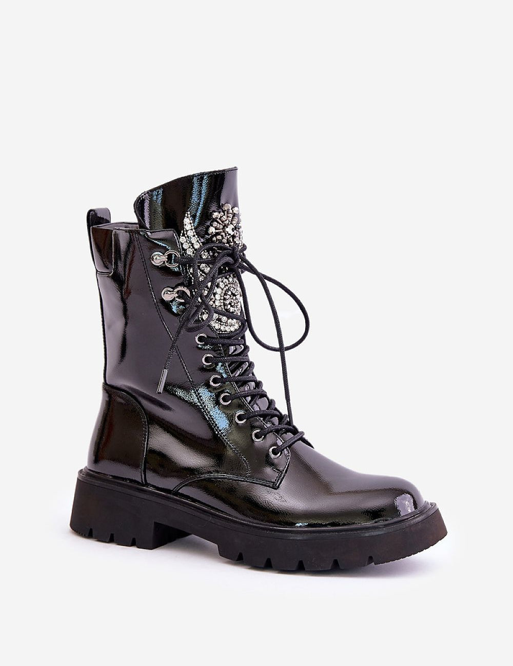 Karnelle Tonglace Insulated Bagger Boots in shiny eco-leather with rounded toe, tongue embellishment, laces, and side zipper for cold weather.