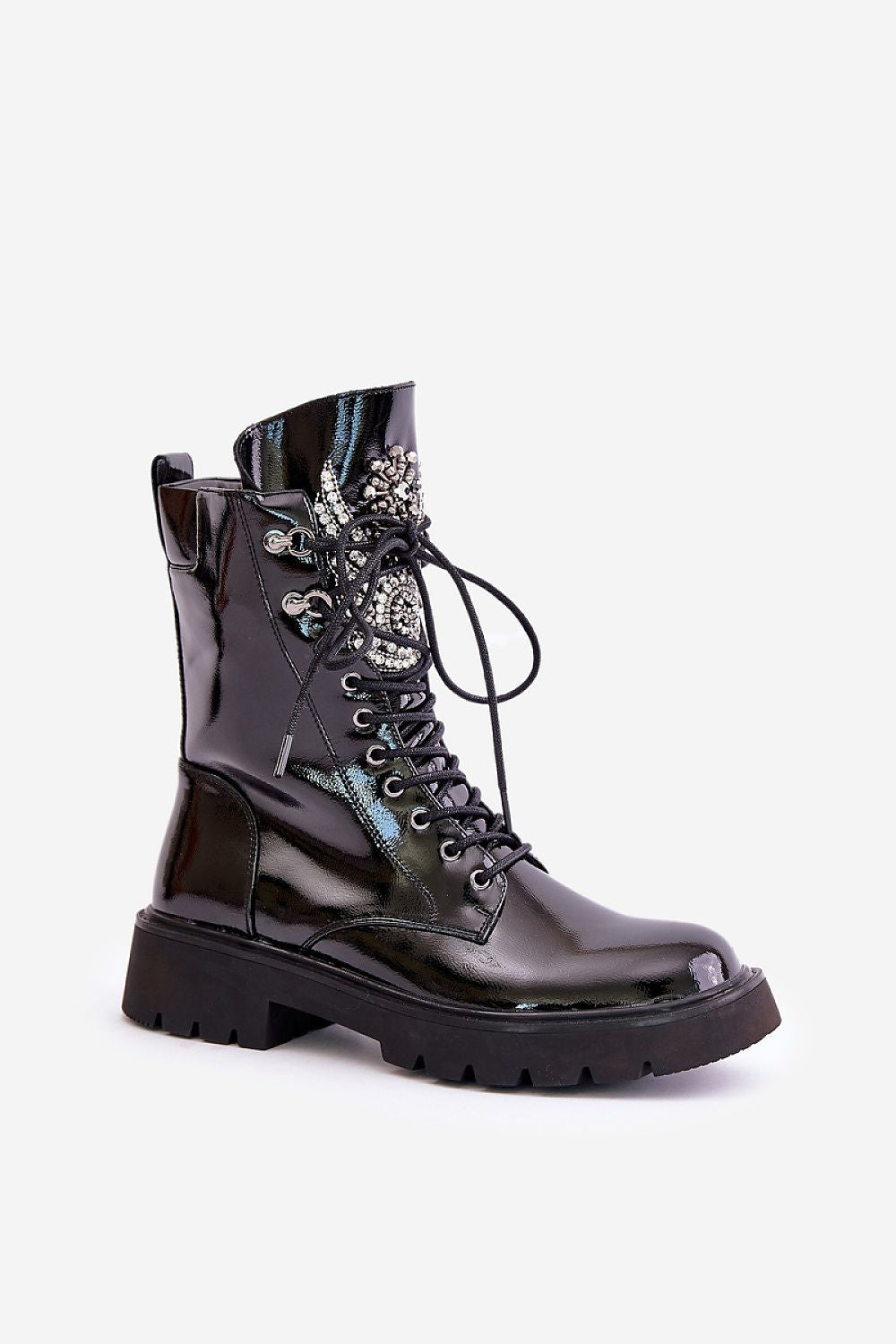 Karnelle Tonglace Insulated Bagger Boots in shiny eco-leather with rounded toe, tongue embellishment, laces, and side zipper for cold weather.