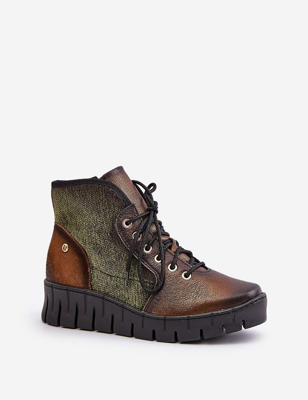 Thessari Groundline Leather Utility Boots with platform heel, natural leather, textile accents, and classic lacing.