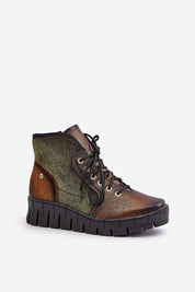 Thessari Groundline Leather Utility Boots with platform heel, natural leather, textile accents, and classic lacing.