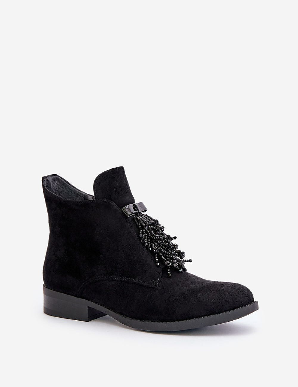 Evarine Frontglow Suede Ankle Boots with eco-suede, rounded toe, flat heel, and front embellishment, perfect for colder days.