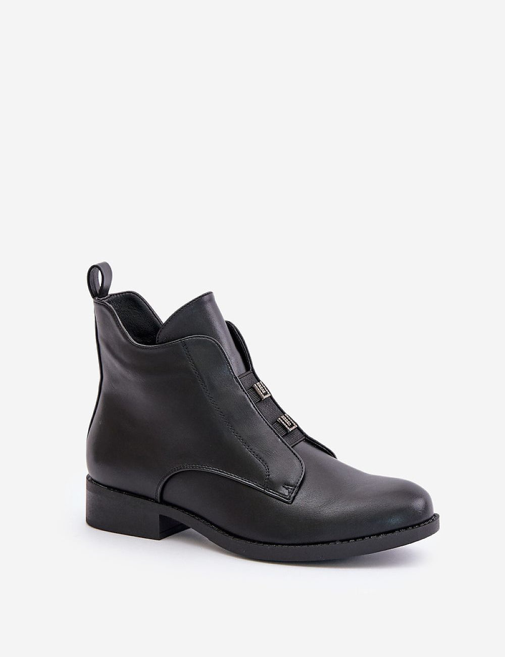 Dovarya black flat eco leather ankle boots for women with fleece lining, decorative accents, and side zipper.