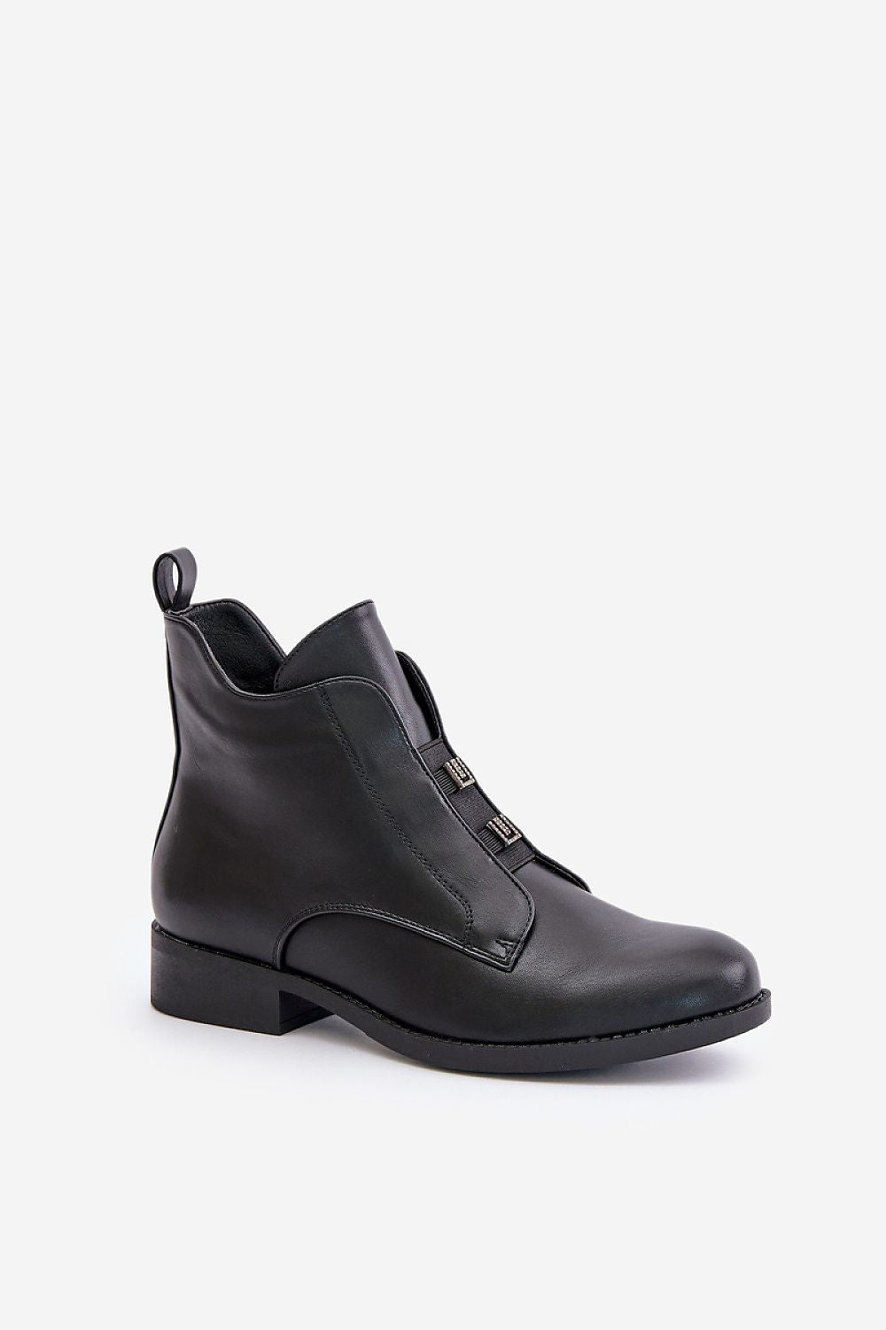 Dovarya black flat eco leather ankle boots for women with fleece lining, decorative accents, and side zipper.
