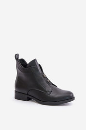Dovarya black flat eco leather ankle boots for women with fleece lining, decorative accents, and side zipper.