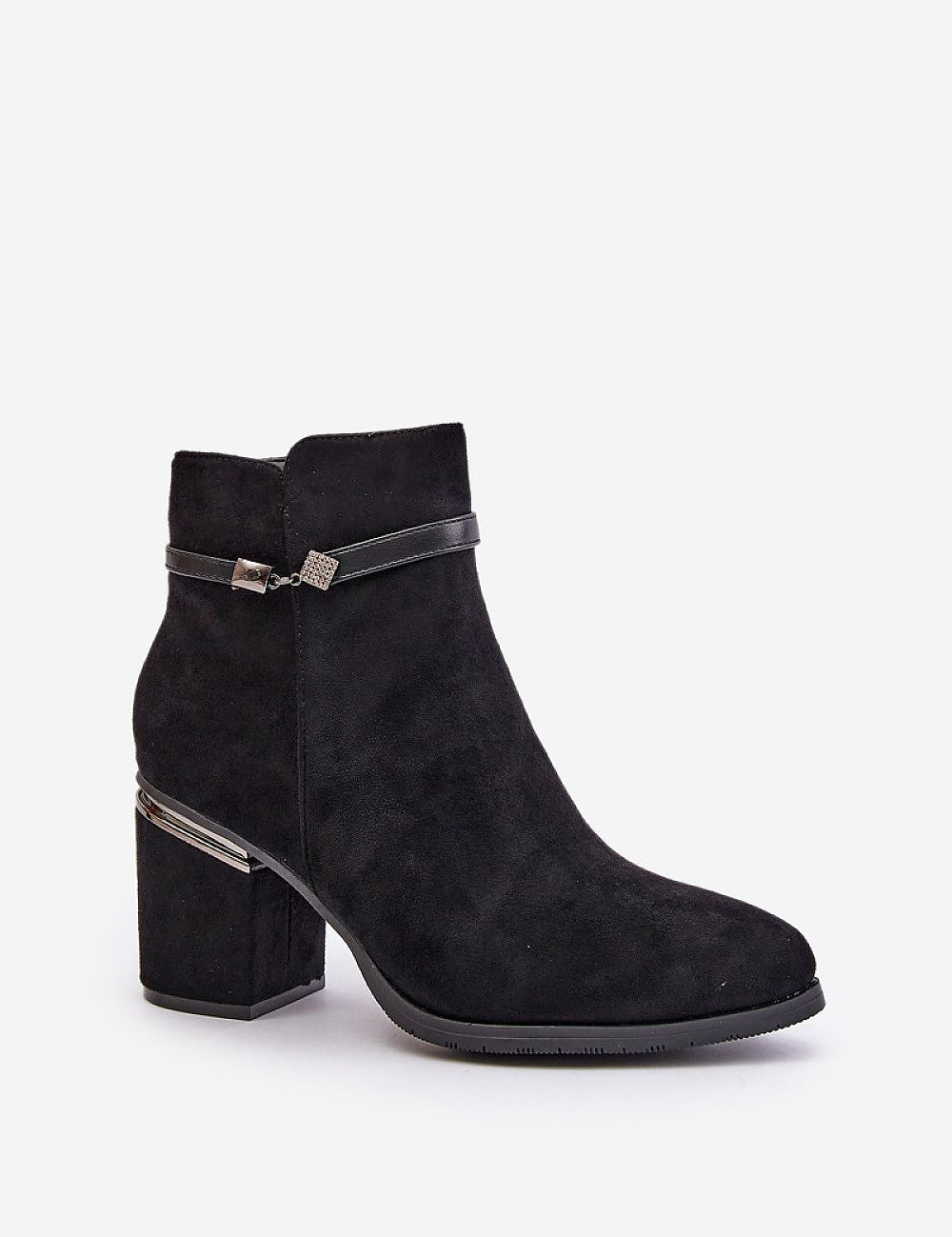Black suede zip-up heel boots with decorative stripe, almond toe, and insulated interior for warmth and style in autumn fashion.