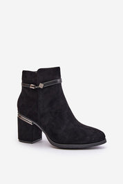 Black suede zip-up heel boots with decorative stripe, almond toe, and insulated interior for warmth and style in autumn fashion.