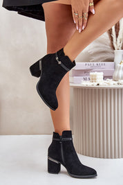 Black suede zip-up heel boots with a decorative stripe and stiletto heel, ideal for autumn styling with coats and dresses.