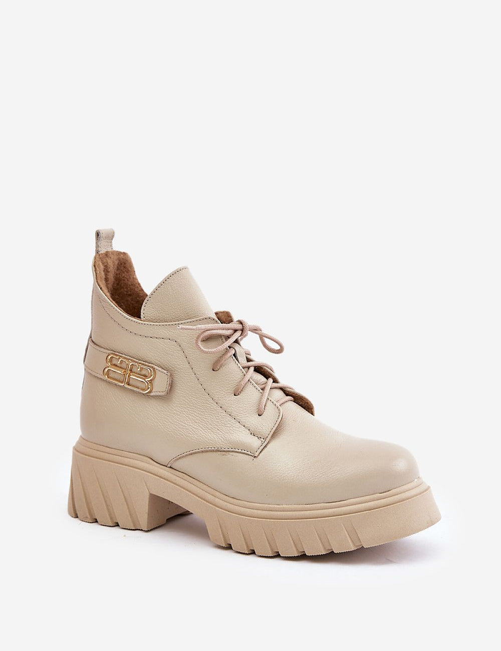 Elbira Felt-Lined Leather Boots in tan with side zipper and front lacing, featuring a chunky heel and platform for stylish comfort.