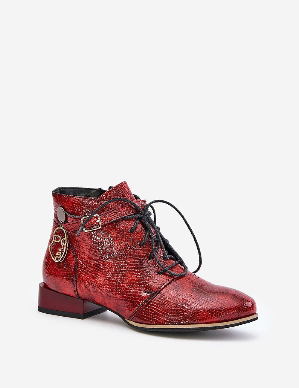 Red Tessara Leather Lace-Up Boots with side face detail and zipper. Premium leather, ankle-height design with a 3 cm heel.