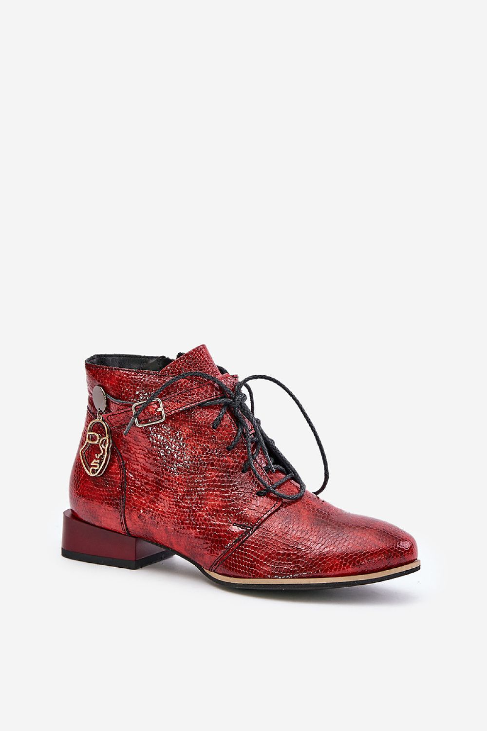 Red Tessara Leather Lace-Up Boots with side face detail and zipper. Premium leather, ankle-height design with a 3 cm heel.