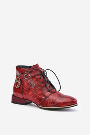 Red Tessara Leather Lace-Up Boots with side face detail and zipper. Premium leather, ankle-height design with a 3 cm heel.