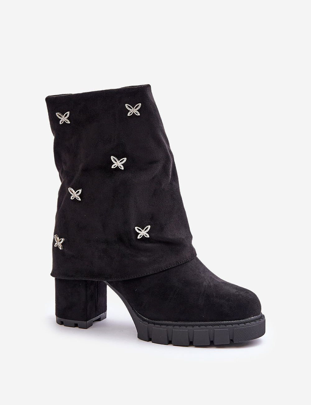 Black suede foldover boots with decorative embellishments and chunky heel, perfect for autumn-winter wear.