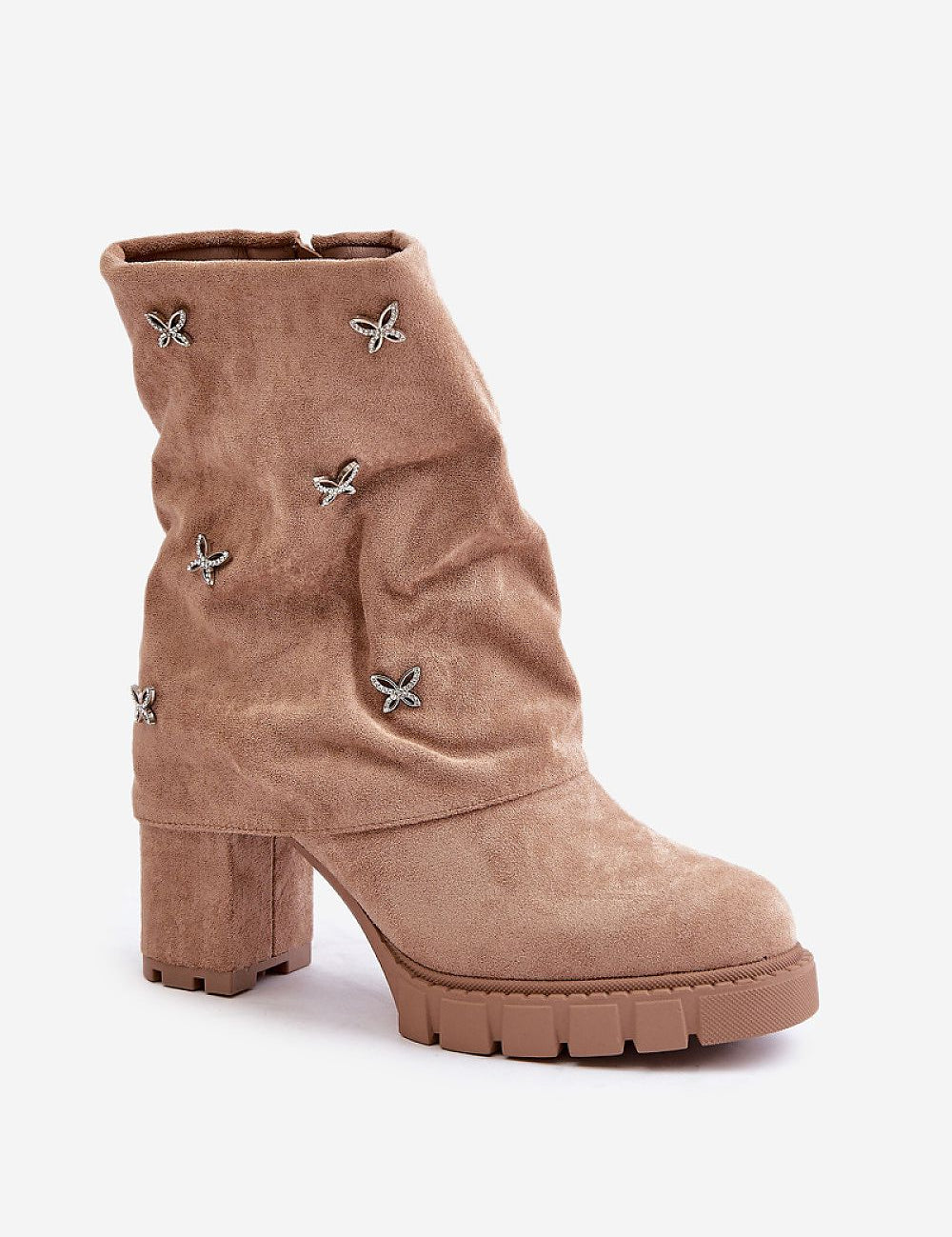 Taupe eco-suede ankle boots with a chunky heel and butterfly embellishments, perfect for stylish, comfortable autumn wear.
