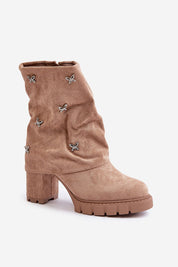 Taupe eco-suede ankle boots with a chunky heel and butterfly embellishments, perfect for stylish, comfortable autumn wear.