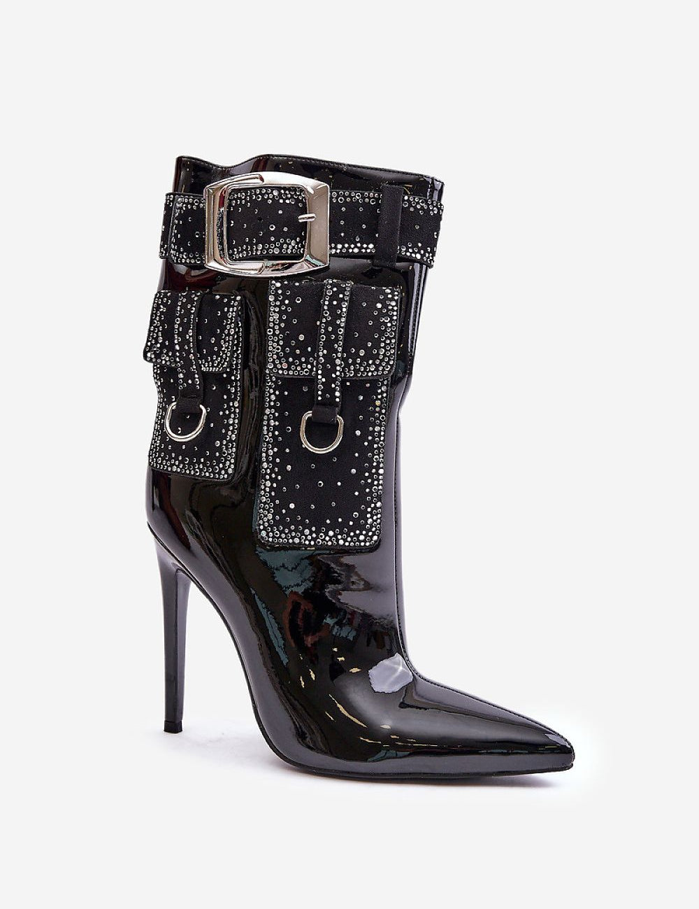 Arselina Silverbelt Patent Heel Boots with pointed toe, silver buckle strap, and 11.5 cm stiletto heel in glossy black eco leather.