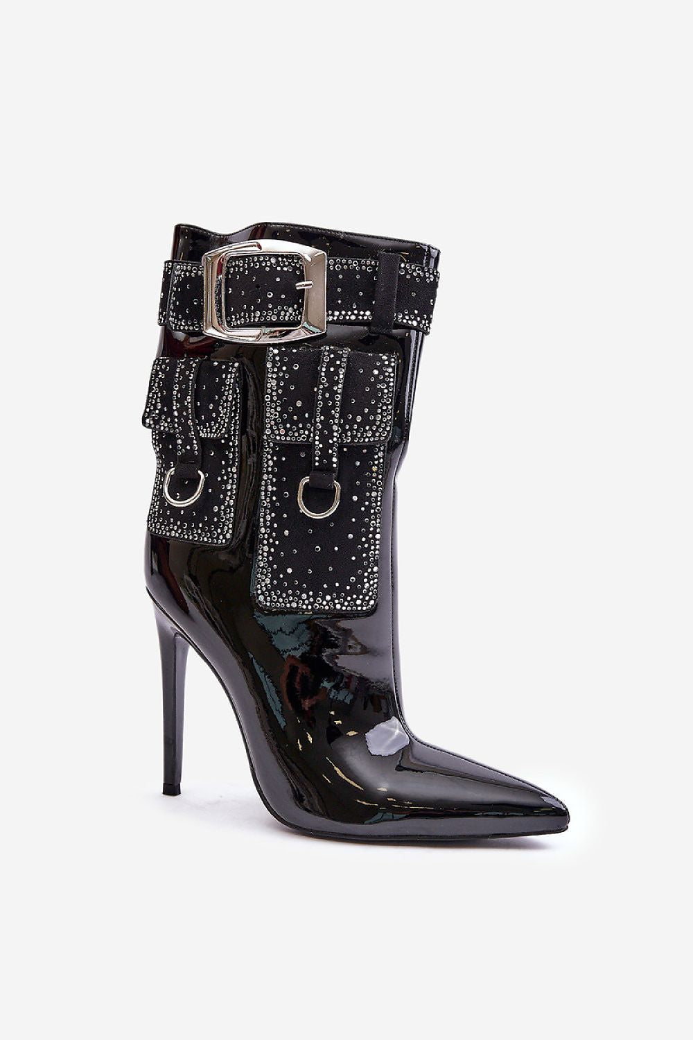 Arselina Silverbelt Patent Heel Boots with pointed toe, silver buckle strap, and 11.5 cm stiletto heel in glossy black eco leather.