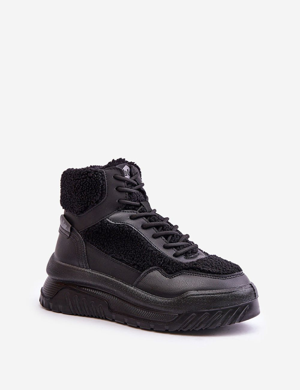 Valmara Shearling High-Top Sneakers with faux sheepskin trim, platform sole, and dual lace-zipper closure for winter street style.