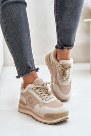 Montessa fleece-lined platform sneakers in beige suede leather and fabric, featuring a cozy lining and classic lace-up design.