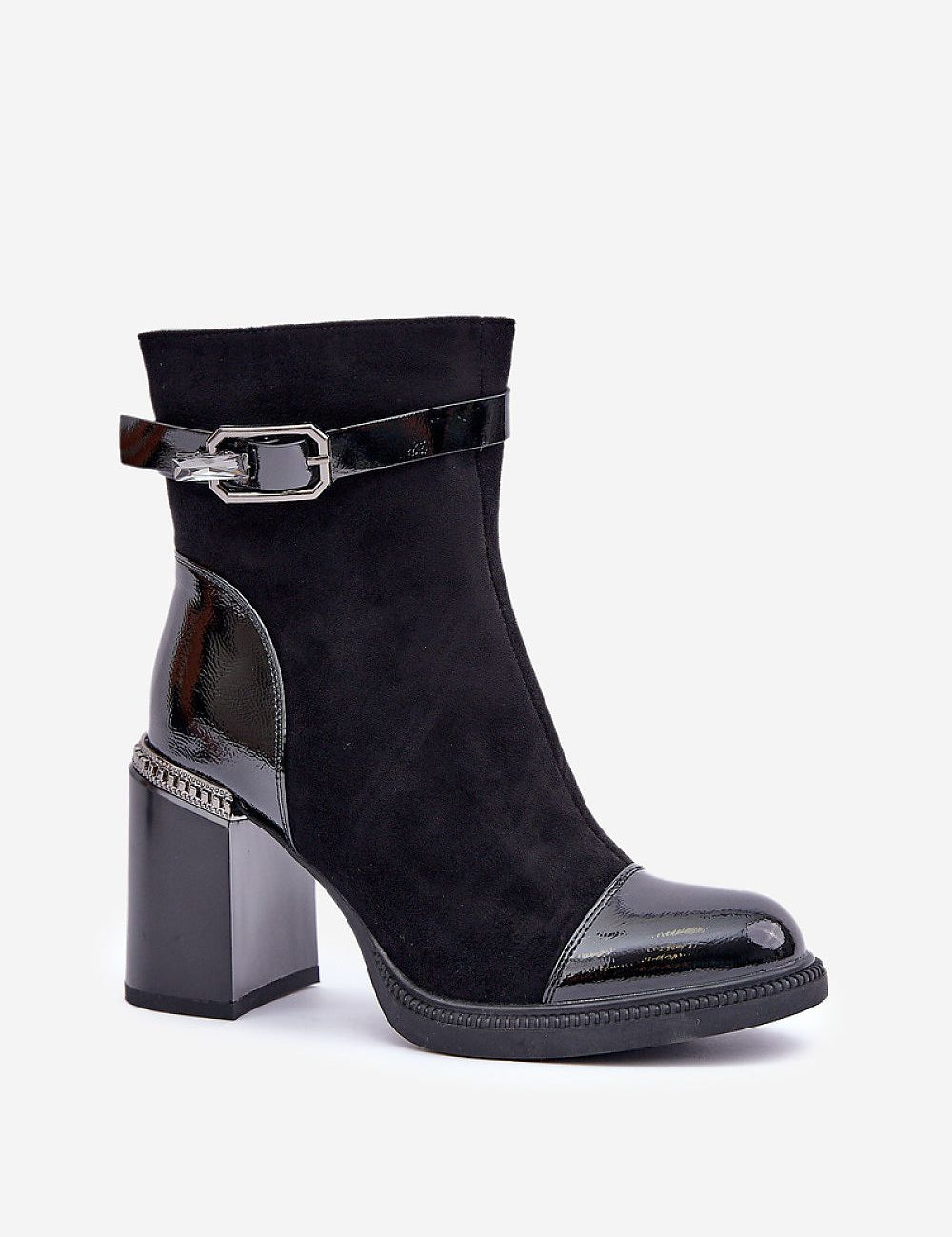 Naverelle Twinstrap Suede Heel Boots with eco leather, almond toes, sculpted heel, and decorative accents. Ideal for cooler seasons.