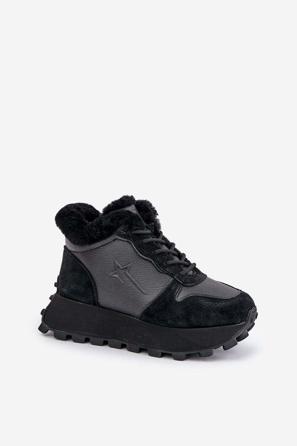Alverra Winter Leather Sneakers with plush fur lining and raised platform sole for warmth and style, featuring side zipper and lacing.