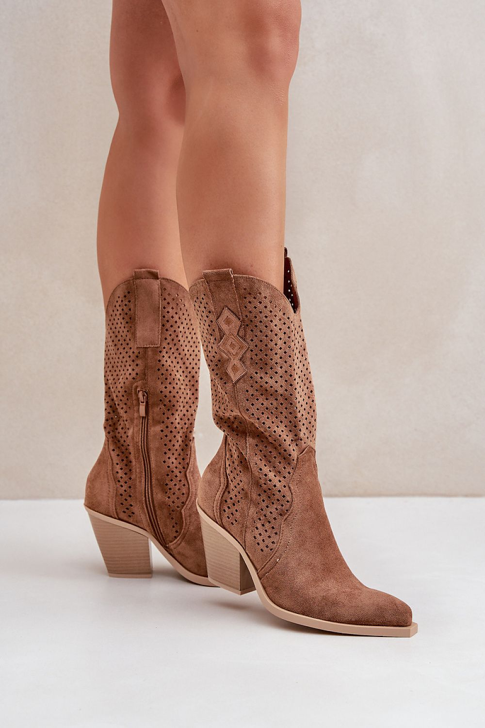 Rinvara latticed cowboy boots with imitation suede, pointed toes, and 7.5 cm block heel, ideal for jeans or dresses
