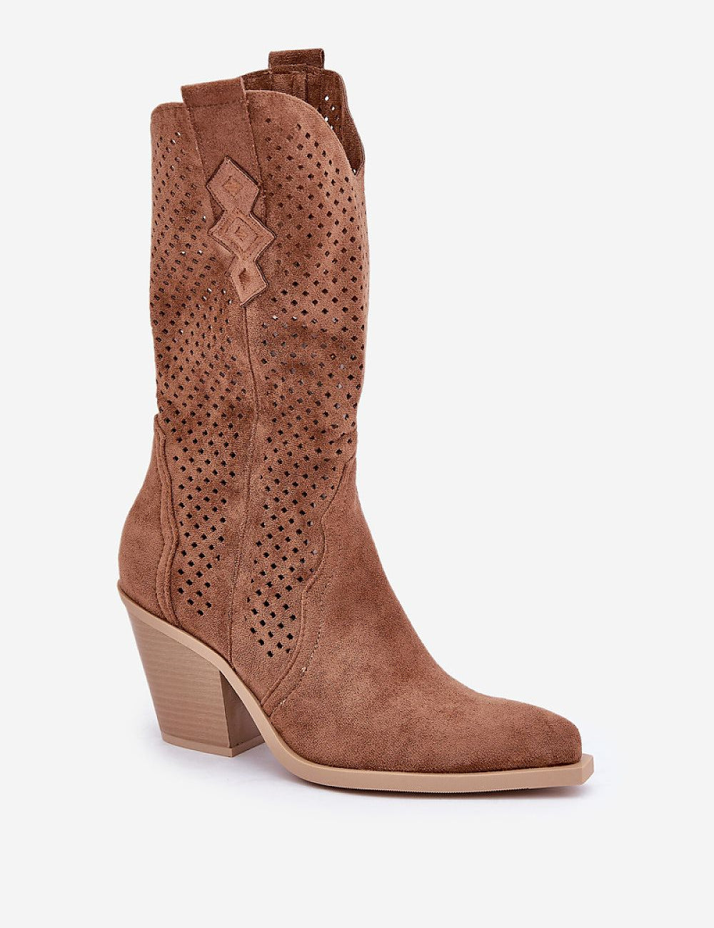 Rinvara Latticed Cowboy Boots in brown imitation suede with a pointed toe, featuring a 7.5 cm block heel and side zipper for easy fit.