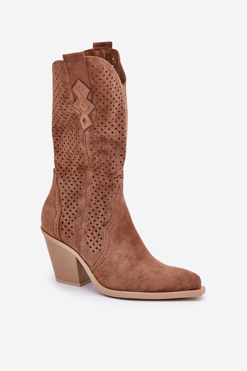 Rinvara Latticed Cowboy Boots in brown imitation suede with a pointed toe, featuring a 7.5 cm block heel and side zipper for easy fit.