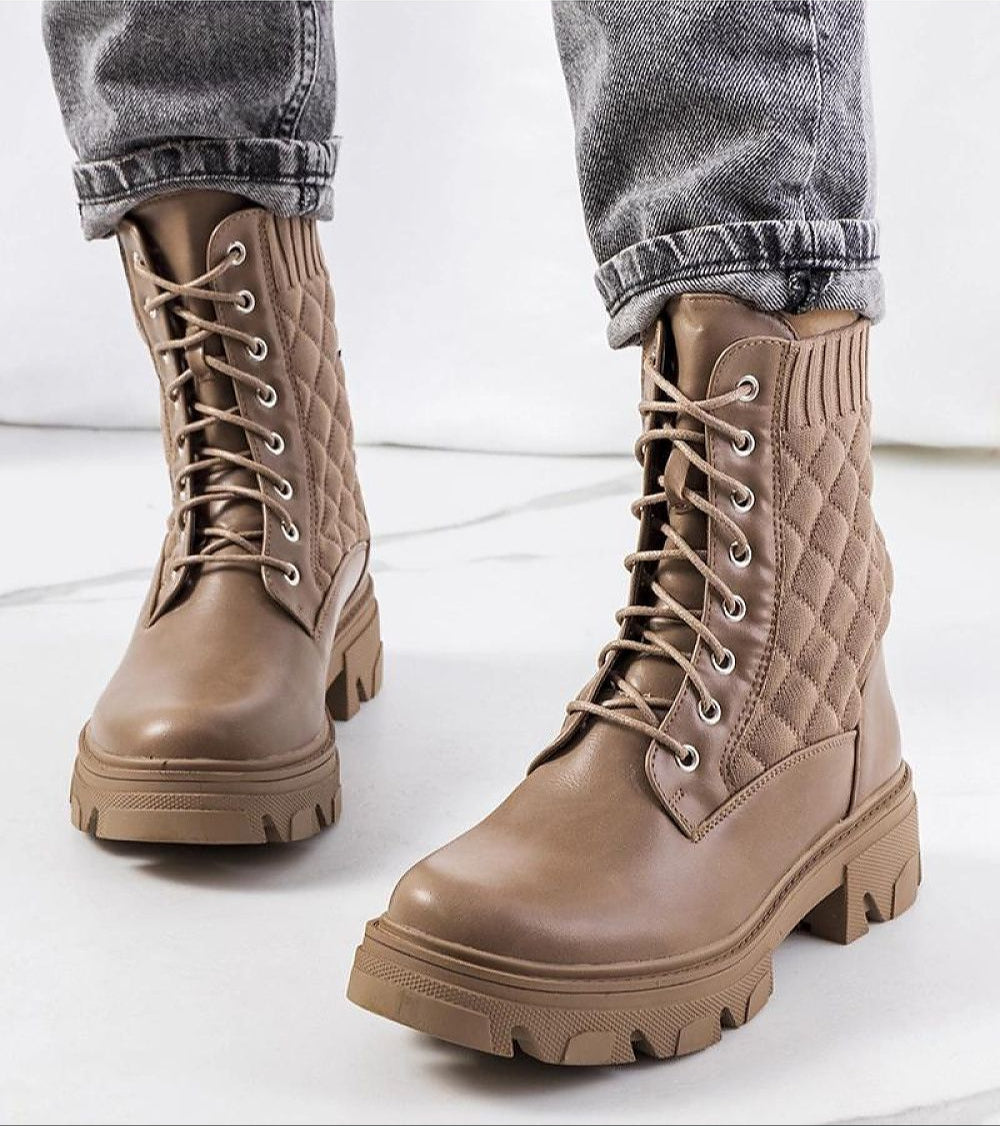 Brown quilted Raventa Trek-Style Sock Ankle Boots with high trekking sole and lace-up closure, perfect for autumn and winter fashion.