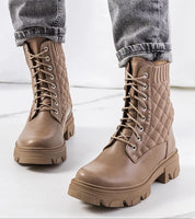 Brown quilted Raventa Trek-Style Sock Ankle Boots with high trekking sole and lace-up closure, perfect for autumn and winter fashion.