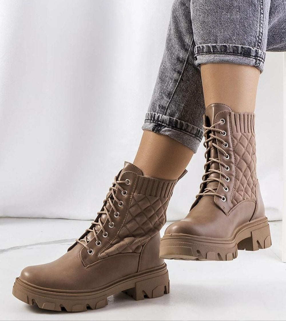 Raventa Trek-Style Sock Ankle Boots in tan with high sole and lace-up closure, shown on model's feet for fall and winter fashion.