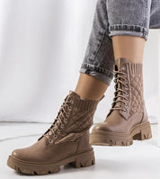 Raventa Trek-Style Sock Ankle Boots in tan with high sole and lace-up closure, shown on model's feet for fall and winter fashion.
